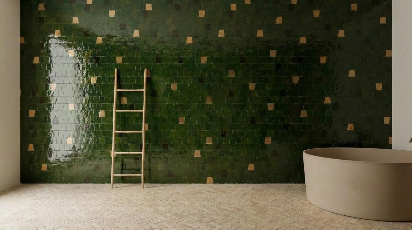 Mur de zellige vert avec accents dorés, baignoire en pierre — installation Atelier Georgia
